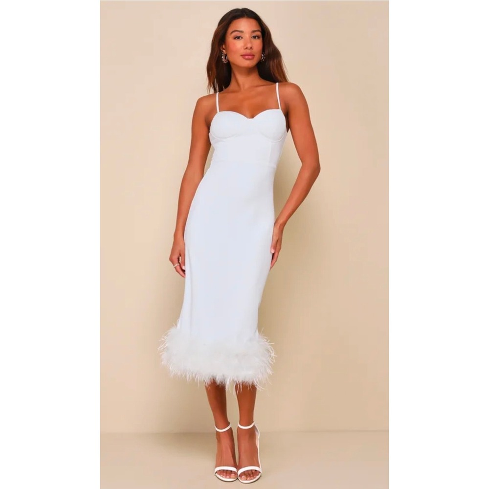 Lulus Women Large White Passion For Glamour Midi Dress Bustier Feather Trim